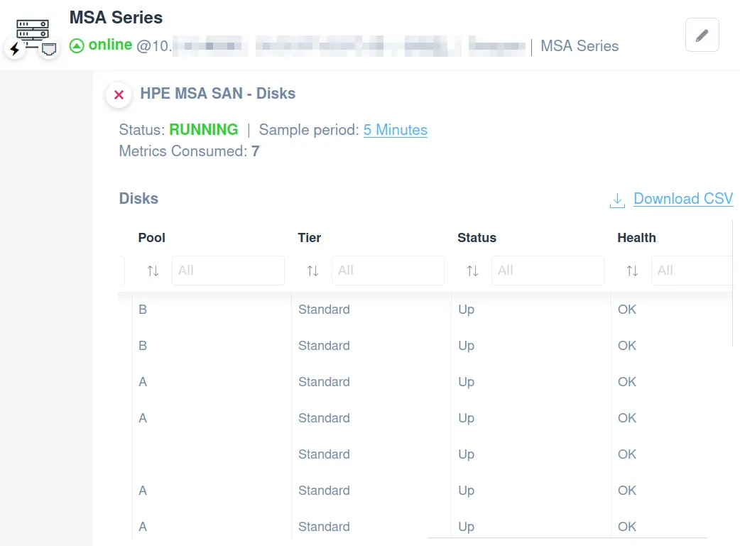 HPE MSA SAN HW sensors disks